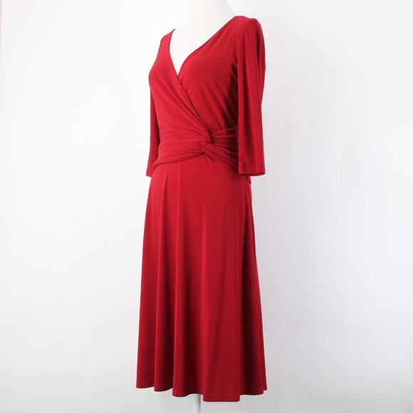 Joseph Ribkoff Dress Sz 6 Red V Neck 3/4 Sleeve Fit Flare Faux Wrap Poly Dress - Picture 5 of 12